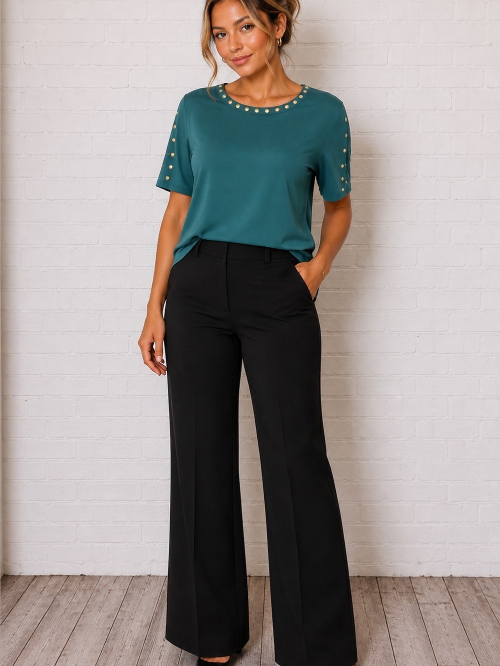 Stud-Embellished Short Sleeve Top in Teal